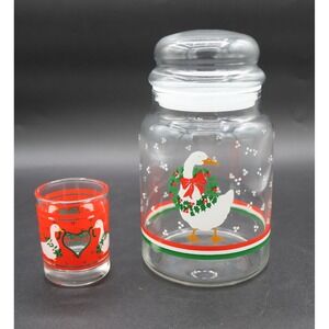 Vintage Christmas Goose Duo Hallmark Candle Holder and Unbranded Apothecary Jar